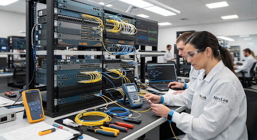 Modern high-tech networking lab bench with precision diagnostic tools, optical power meters, multi-port patch cables, and certified network technicians in anti-static gear inspecting high-end enterprise switches under clean bright workstation lighting.