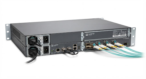 Juniper Networks EX4300 series 48 port rack-mounted gigabit ethernet switch with rear optical transceiver expansion ports studio render