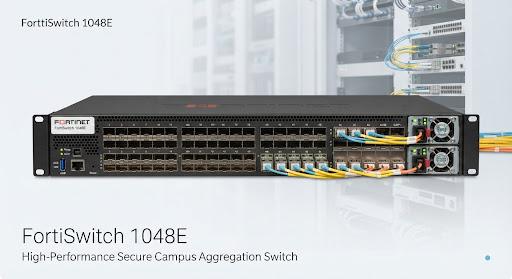 Fortinet FortiSwitch 1048E high performance Layer 2 and Layer 3 secure campus aggregation switch with clean industrial chassis front profile